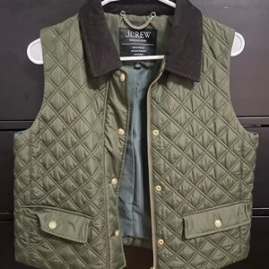J. Crew Quilted Green Vest with Dark Collar